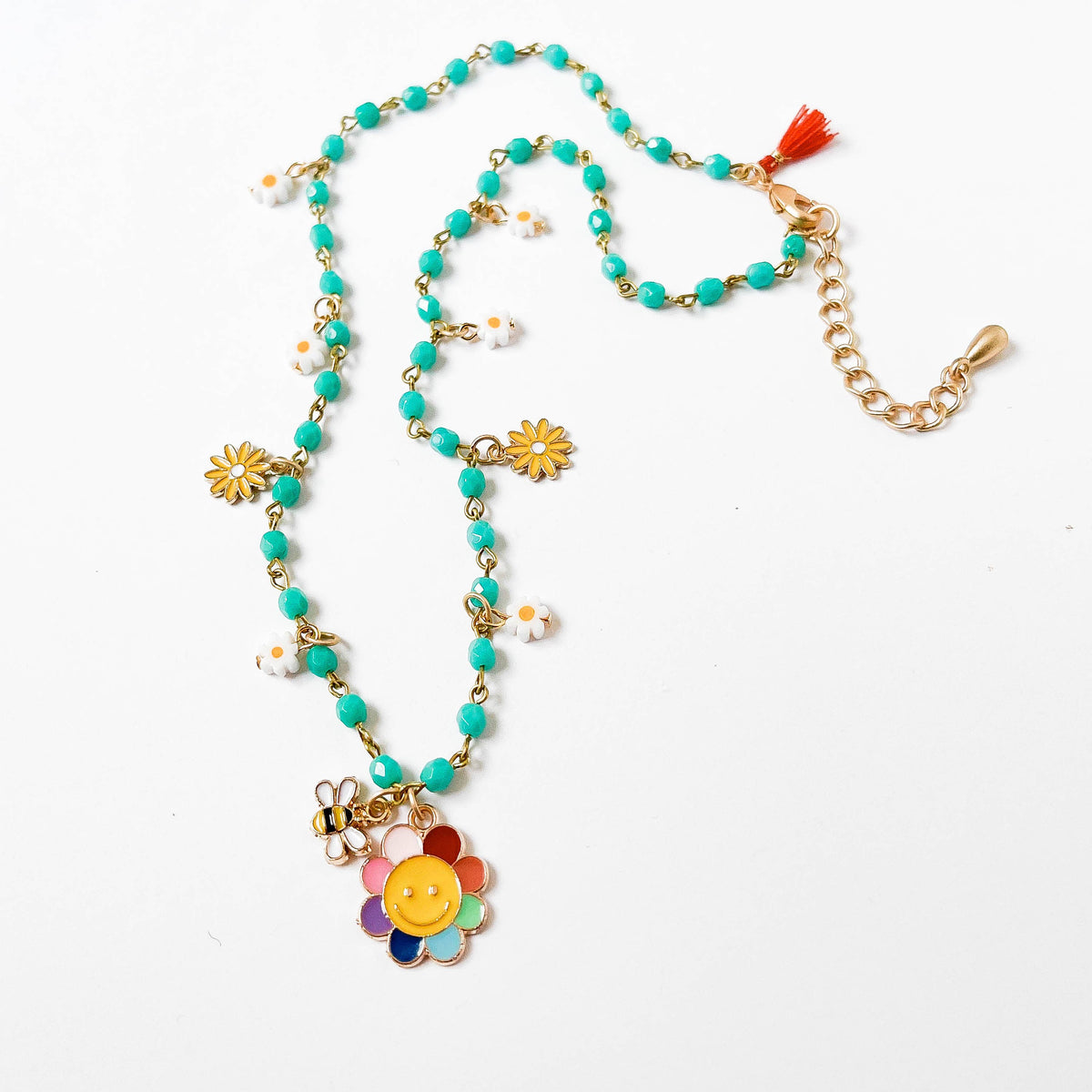 Rainbow Flower Charm Necklace with Turquoise beads