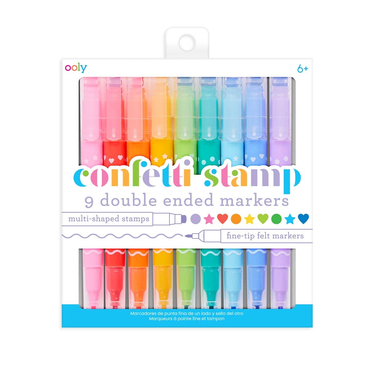 A pack of 9 double-ended markers by Ooly in various colors, with fine felt tips and multi-shaped stamp end includes dots, heart, and stars.