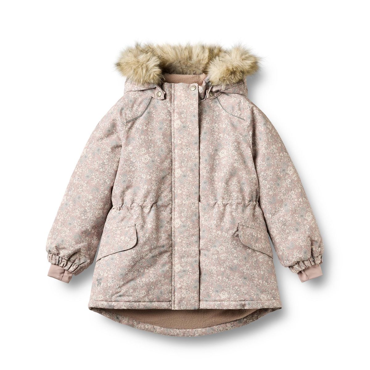 Child wearing a floral coat with a faux fur-lined hood on a gray background