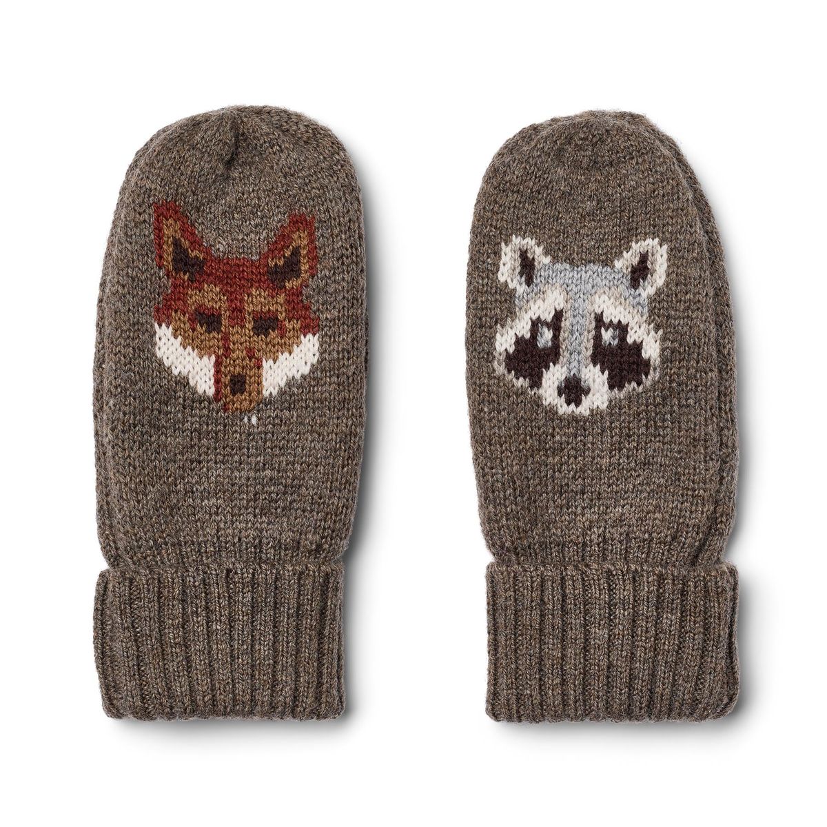 A pair of brown knit mittens on a white background, one featuring a knitted fox face and the other a raccoon face.