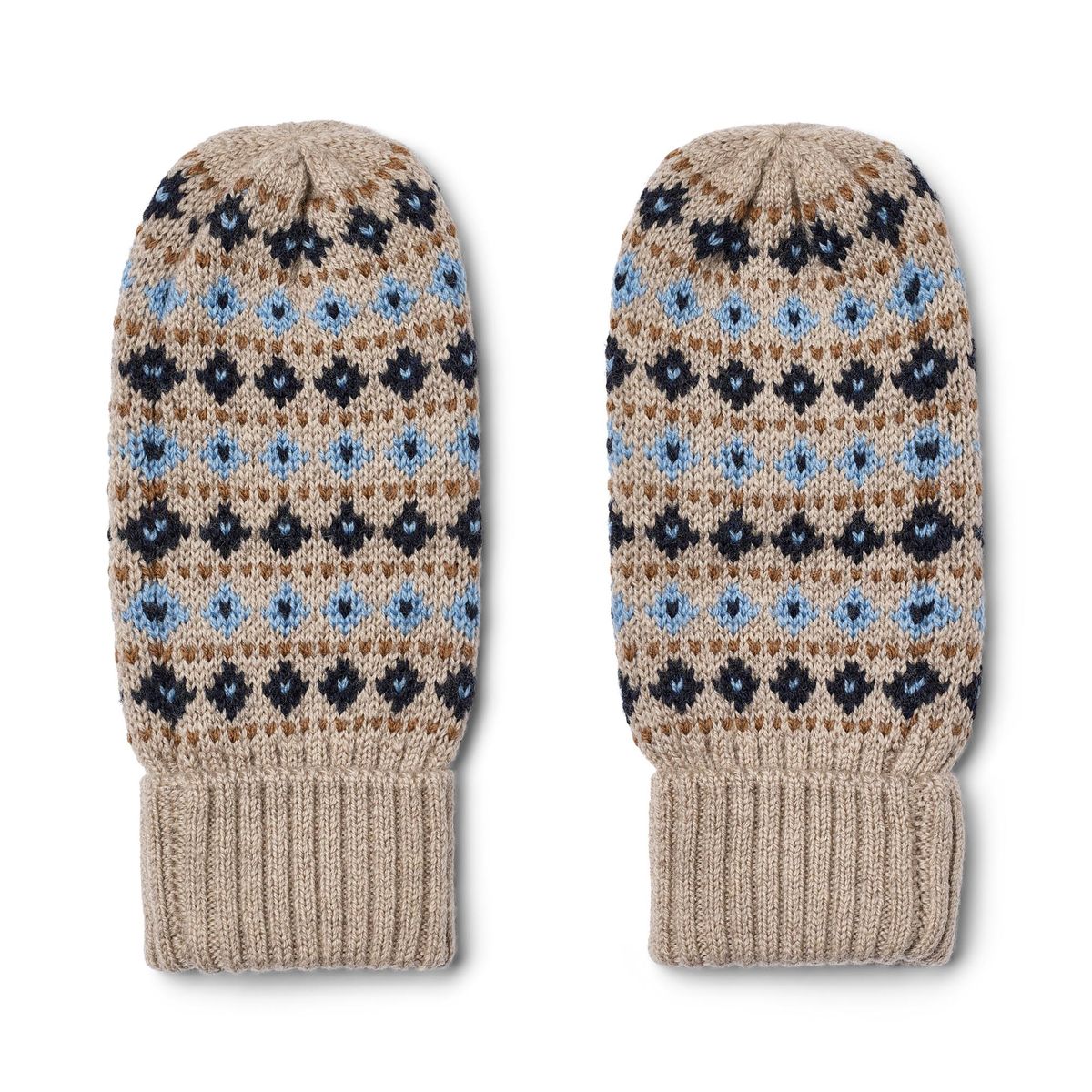 A pair of knit winter mittens with a beige ribbed cuff and a Fair Isle pattern featuring navy, light blue, and brown motifs on a beige background.