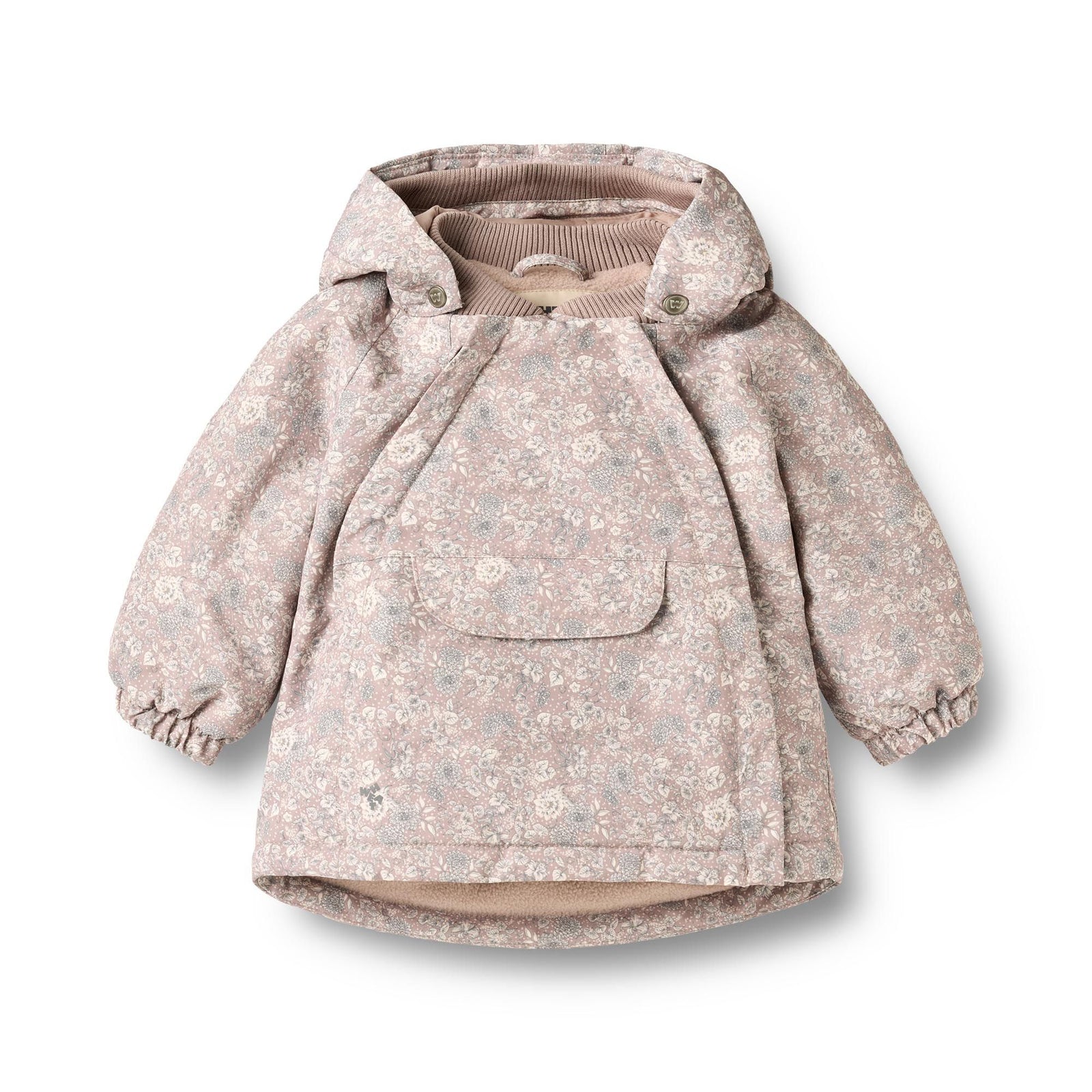 A children's hooded jacket in a dusty pink and beige floral pattern, featuring a front patch pocket and elasticized cuffs, shown on a plain white background.