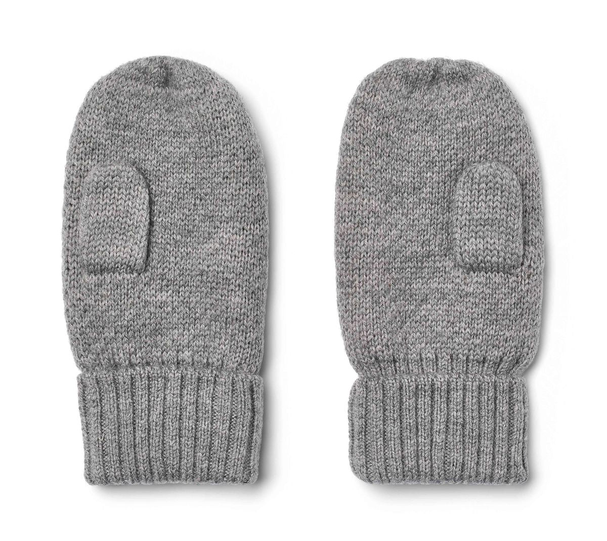 A pair of gray knit mittens with a ribbed cuff, displayed side-by-side against a plain white background.