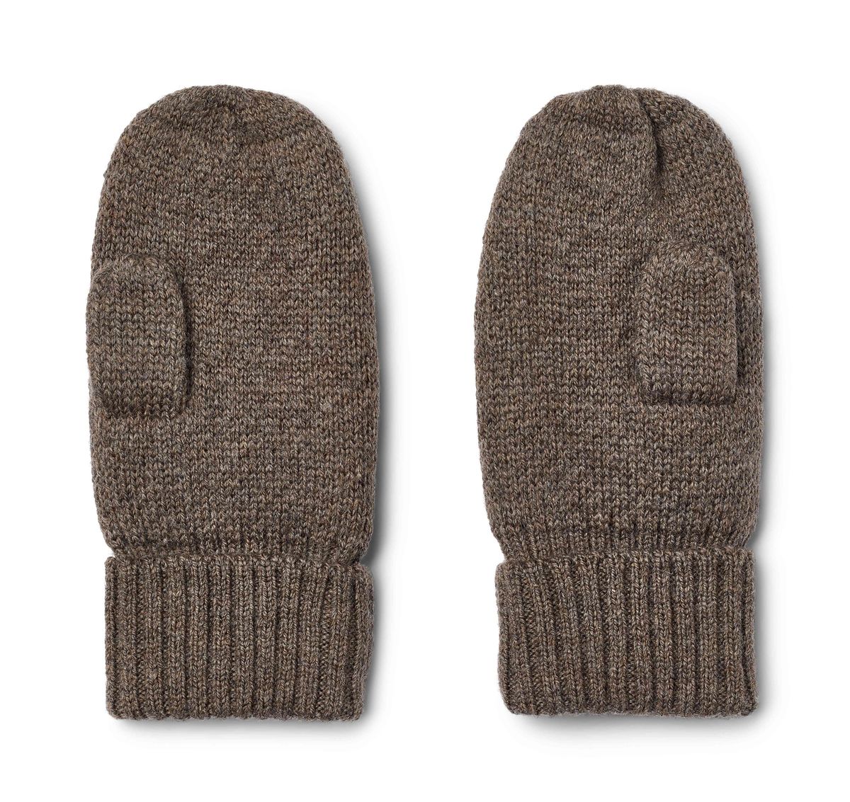 A pair of brown knit mitten-style gloves with a ribbed cuff, shown flat against a white background.