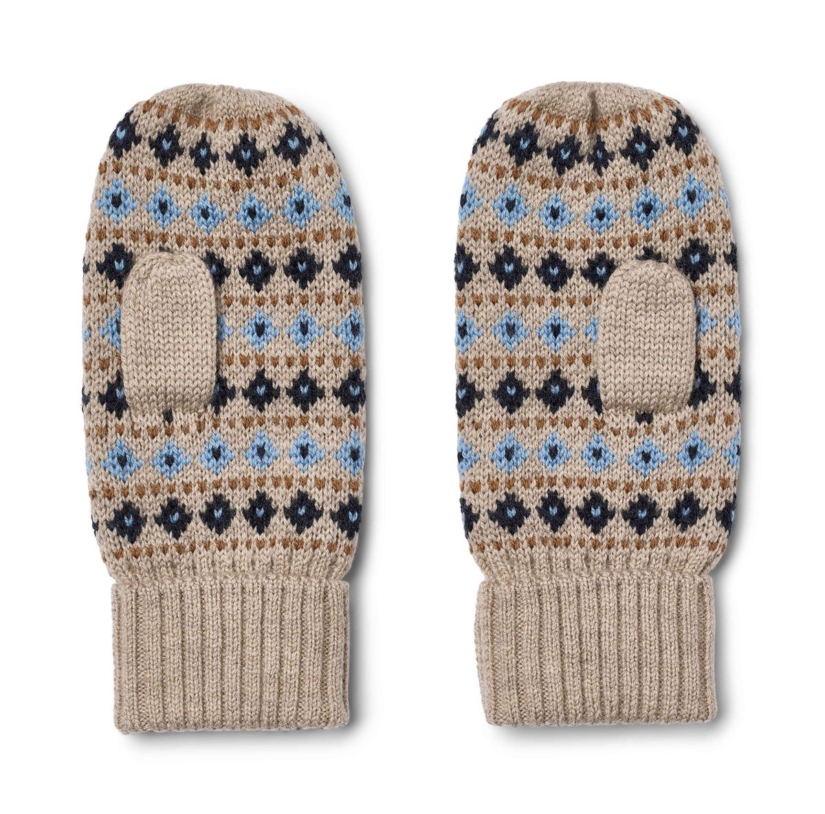 A pair of knit mittens with a beige base, featuring a Fair Isle pattern of navy blue and light blue geometric motifs, and a solid beige ribbed cuff.