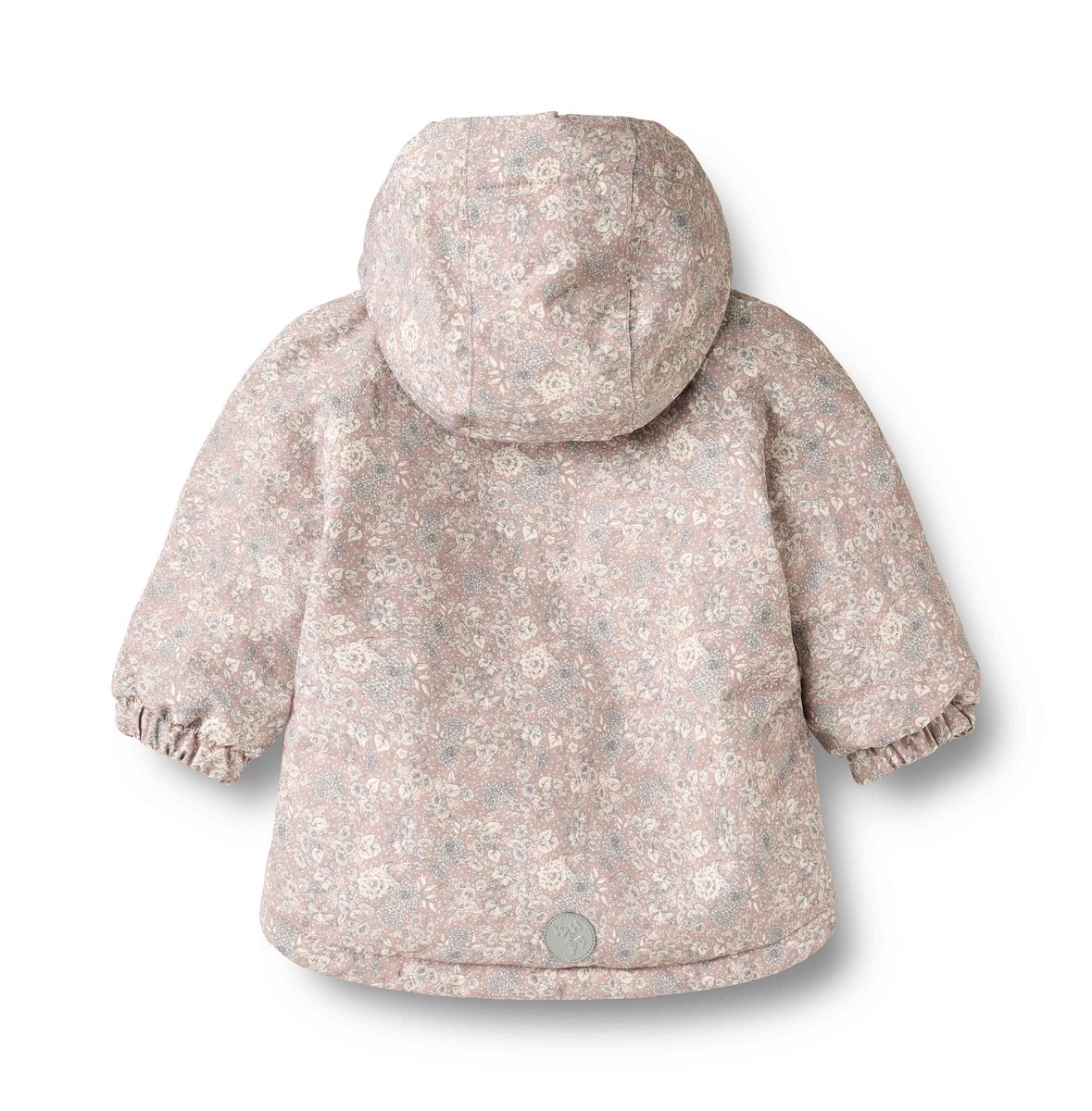 A hooded children's jacket shown from the back, featuring a soft, textured surface with a delicate light pink and gray floral pattern and ruffled cuffs.