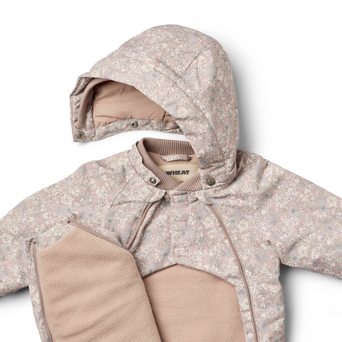 Toddler coat with floral pattern and beige interior on a white background