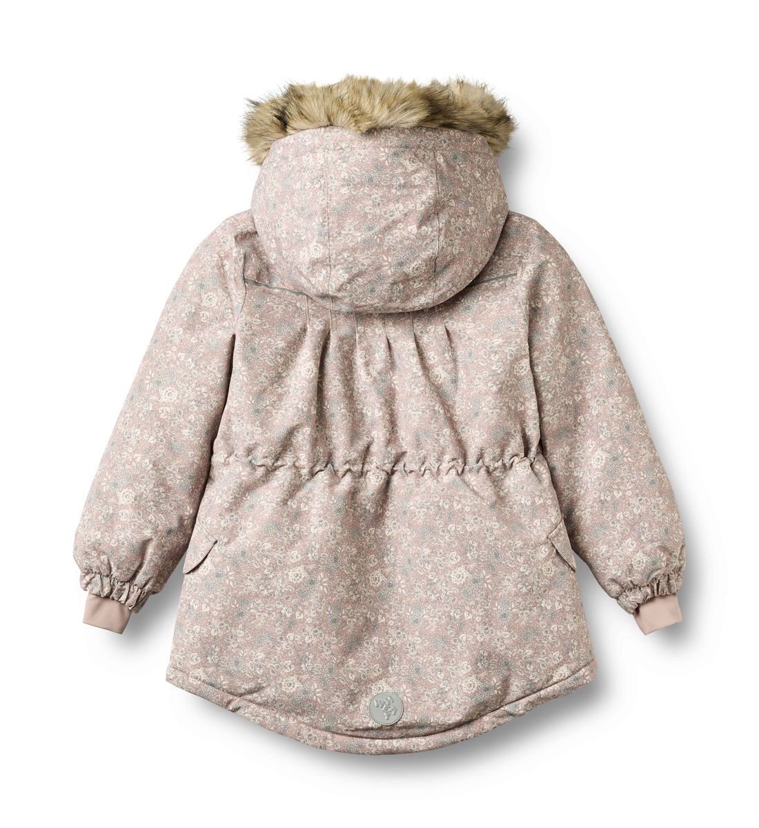 A child's hooded winter jacket shown from the back, featuring a dusty pink and beige floral pattern, elasticated cuffs, and a faux-fur trimmed hood on a white background.