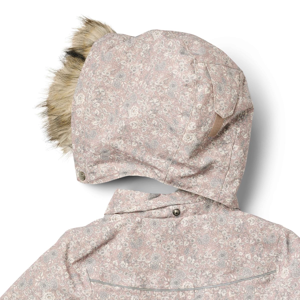 Close-up of a hooded jacket in a dusty pink and beige floral print, featuring a faux-fur trimmed hood and snap-button closure, shown on a white background.