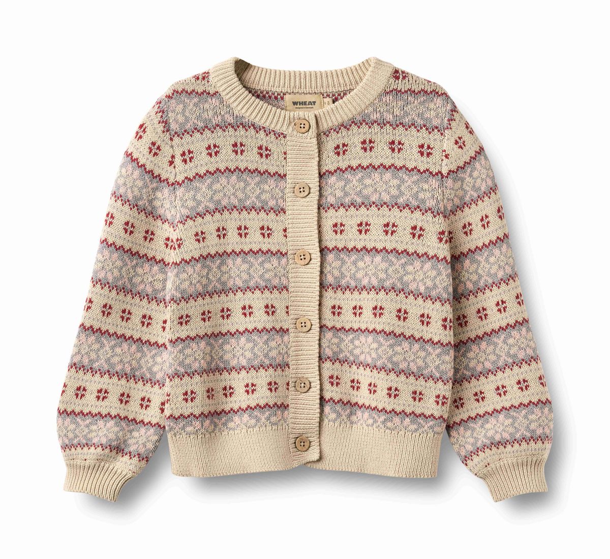 A cream-colored knit cardigan sweater with horizontal Fair Isle patterns in dusty pink and muted red, featuring a button-up front and ribbed cuffs and hem.