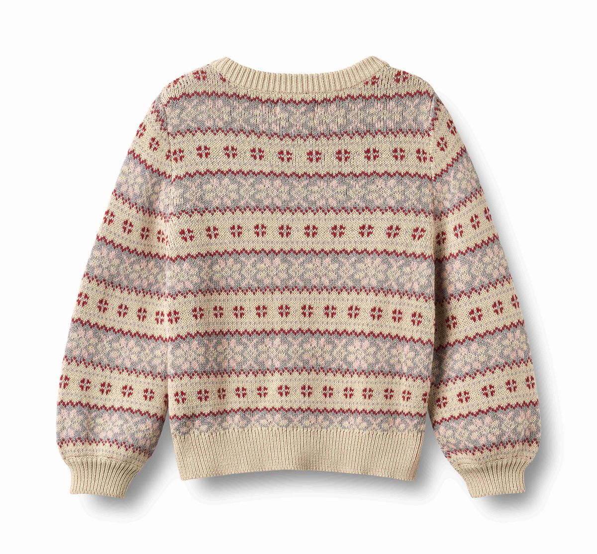 A cream-colored knit sweater with horizontal Fair Isle patterns in dusty red and light blue-gray, shown from the back on a white background.
