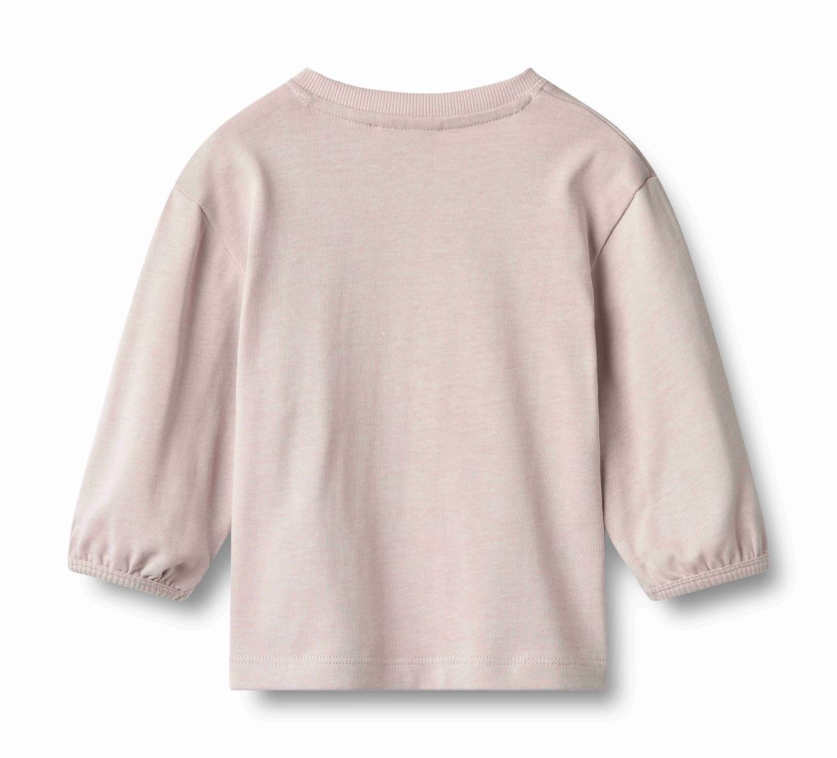 A light pink long-sleeve knit top with gathered elbow-length sleeves and a crew neck, shown from the back on a white background.