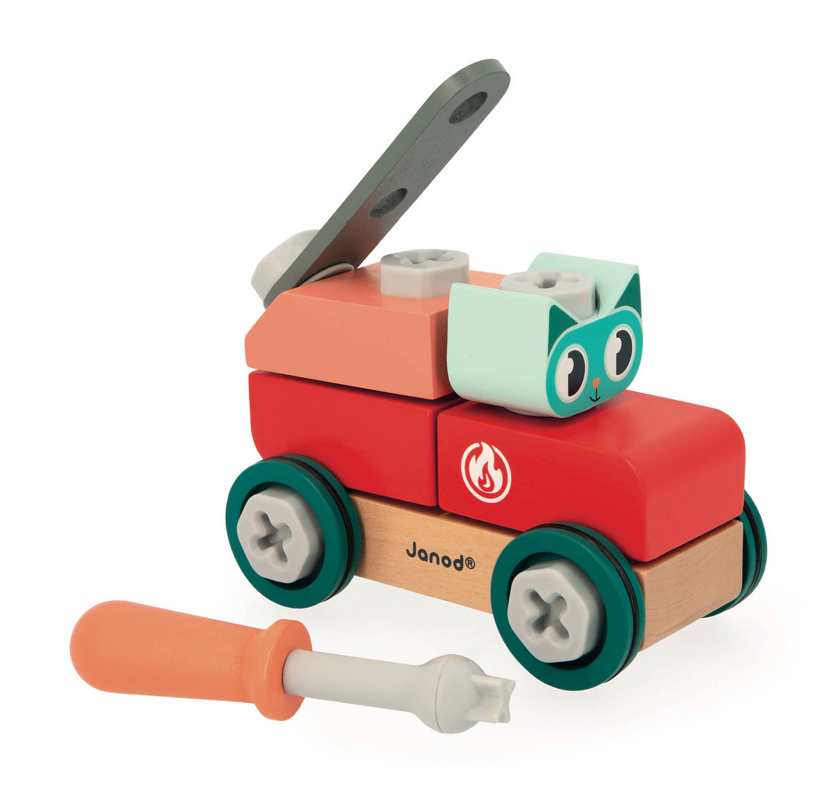 Colorful toy construction set with wheels and a tool on a white background