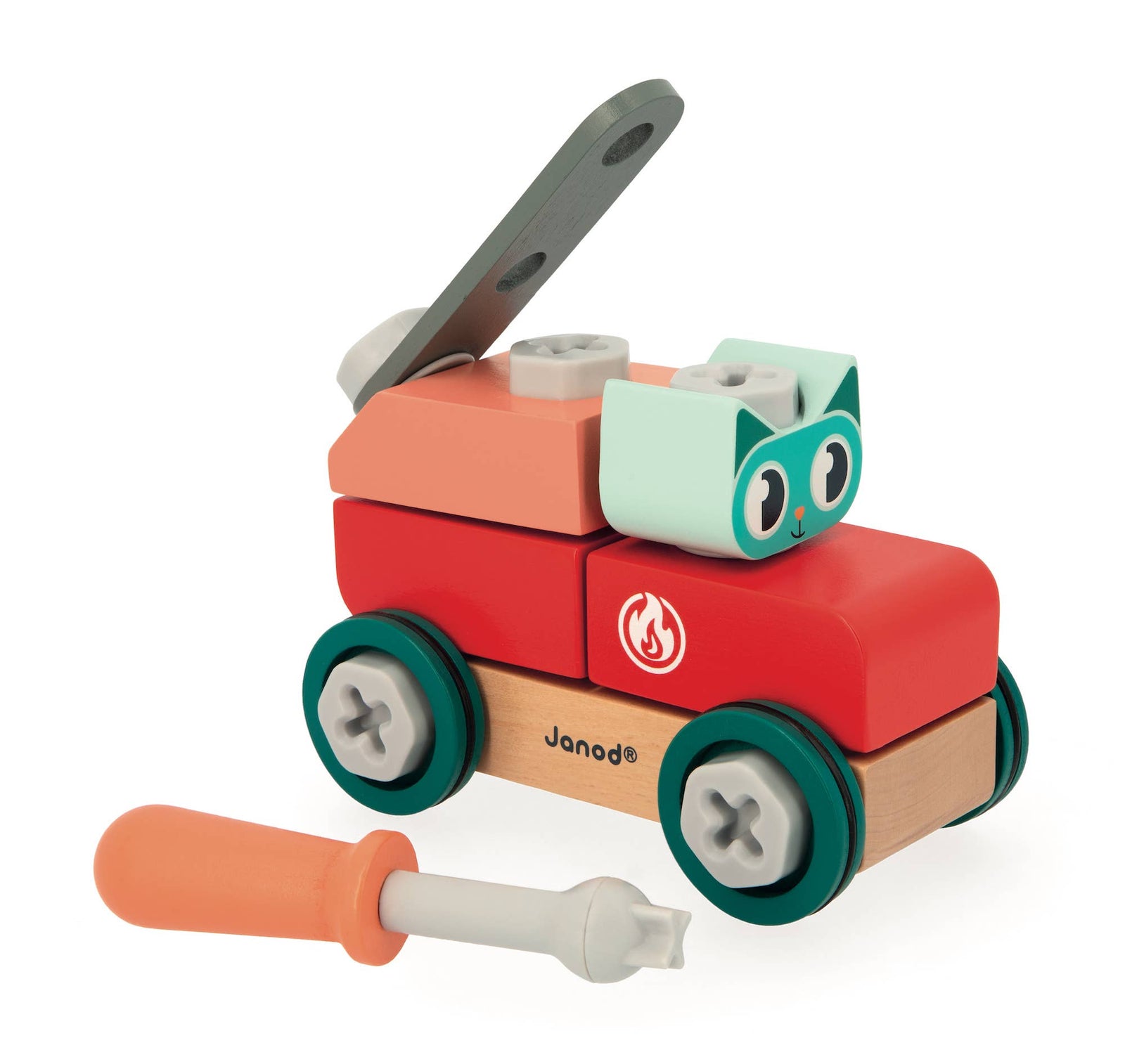 Colorful toy construction set with wheels and a tool on a white background