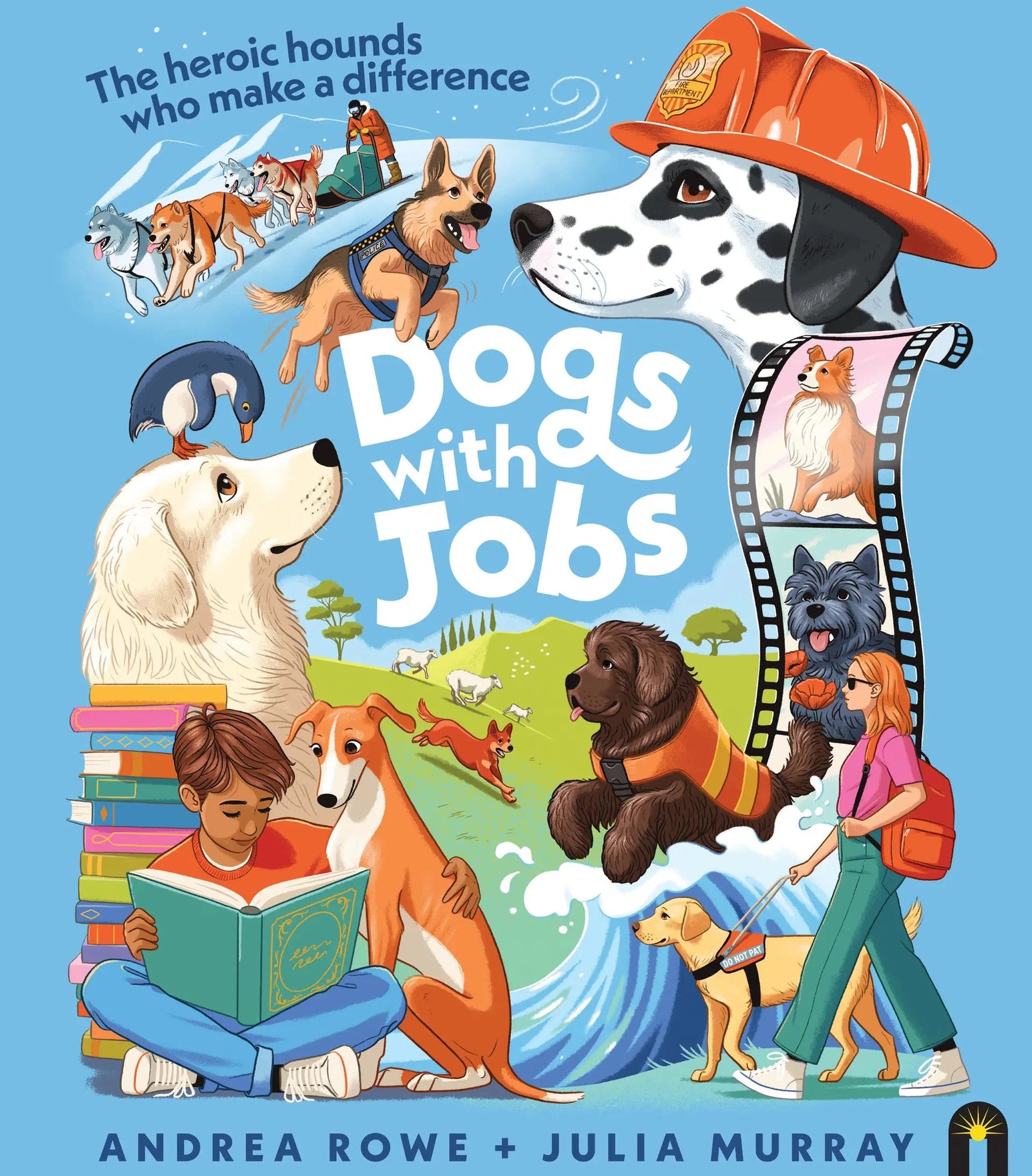 Book cover of 'Dogs with Jobs' featuring various dogs in different professions on a blue background.
