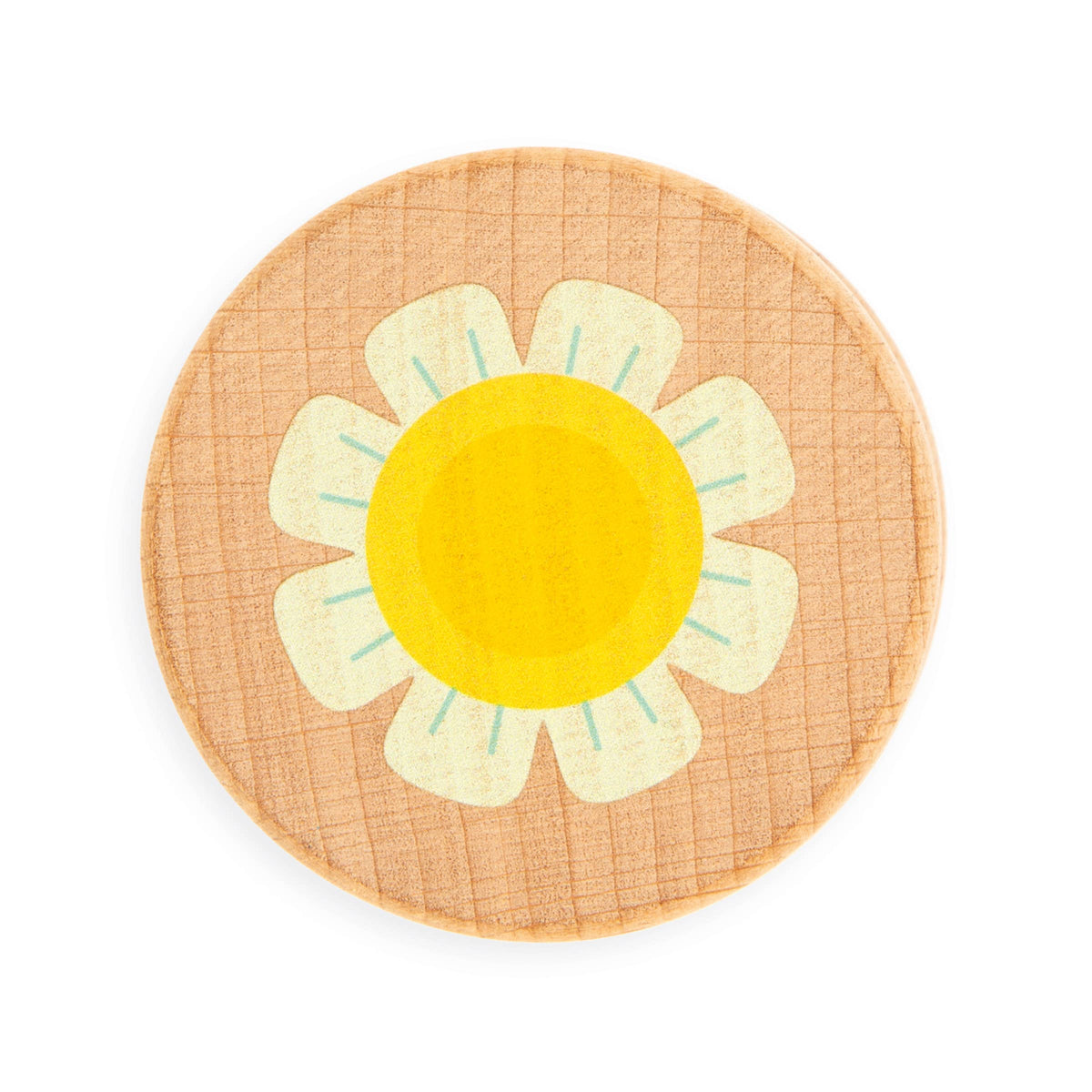 Round wooden rattle with a yellow center and white petals on a white background