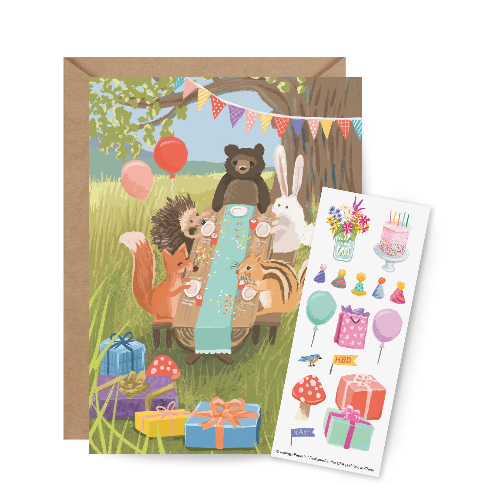 Children's birthday card with animal illustrations and a set of matching stickers on a white background.