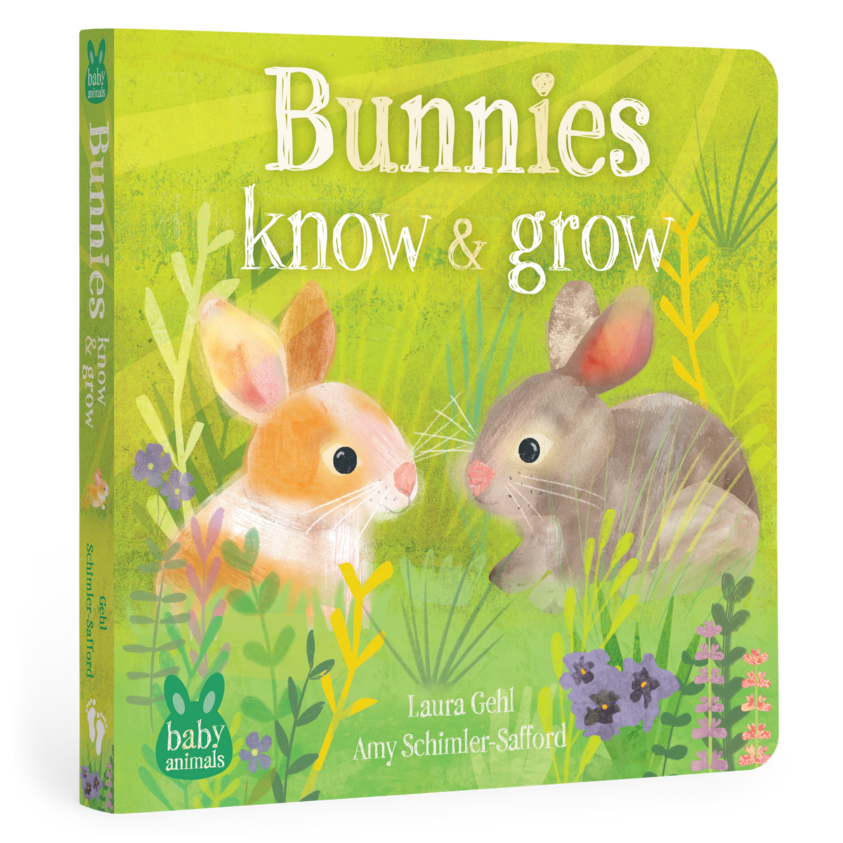 Book cover of 'Bunnies Know & Grow' with two bunnies on a green background