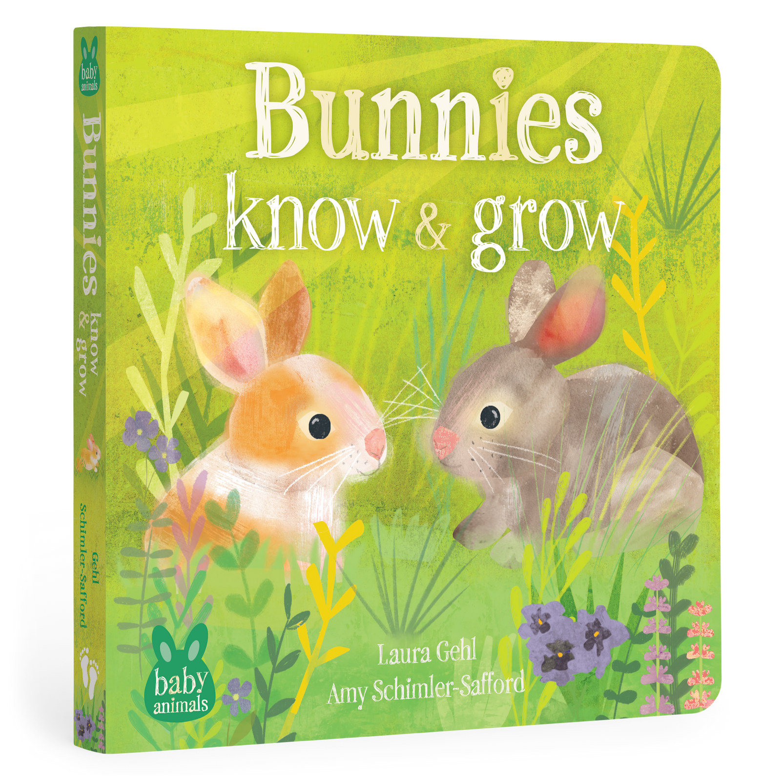 Book cover of 'Bunnies Know & Grow' with two bunnies on a green background