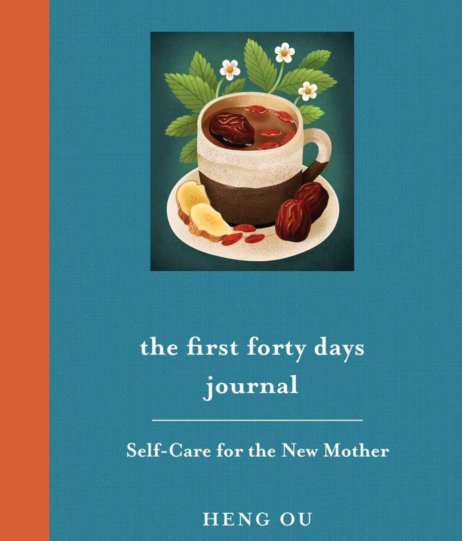 Book cover of 'the first forty days journal' with a cup of tea illustration on a blue and orange background.