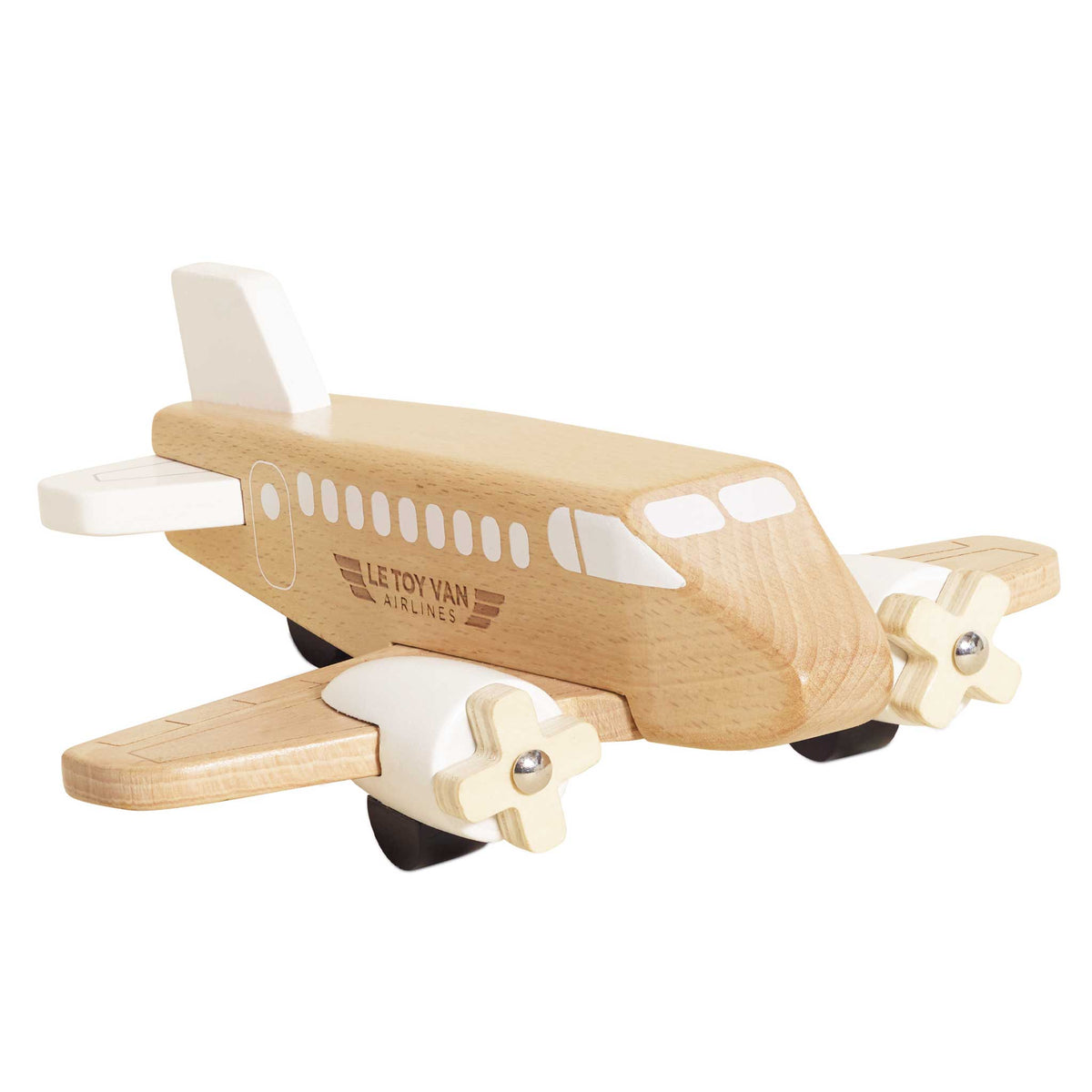 Wooden airplane toy with propellers on a white background