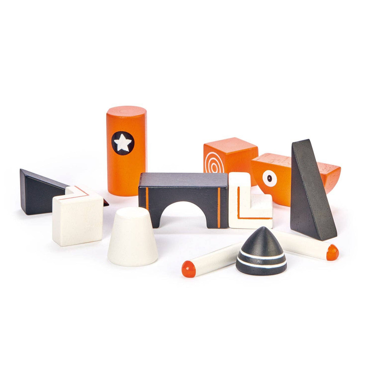 Set of colorful geometric wooden blocks on a white background