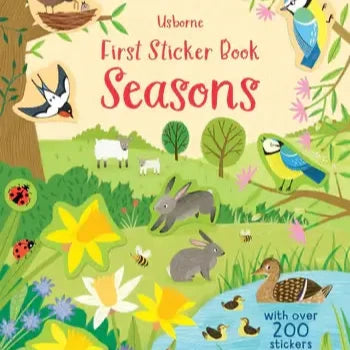 Book cover of 'First Sticker Book Seasons' with illustrations of animals and nature.