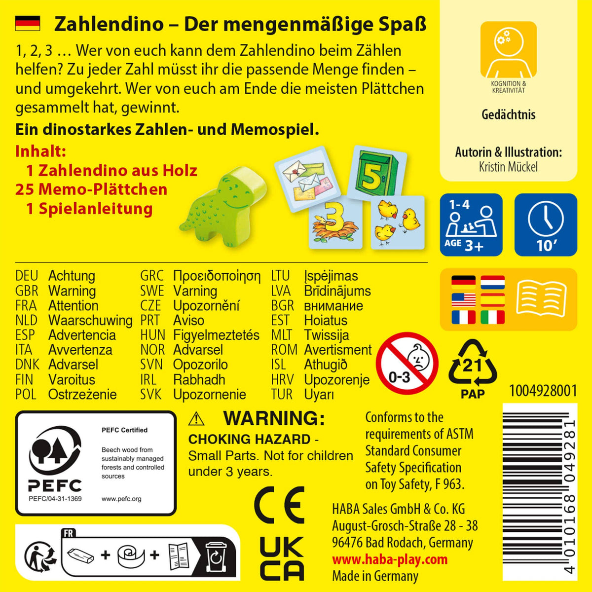 Back of a children&#39;s educational game packaging with text and graphics on a yellow background
