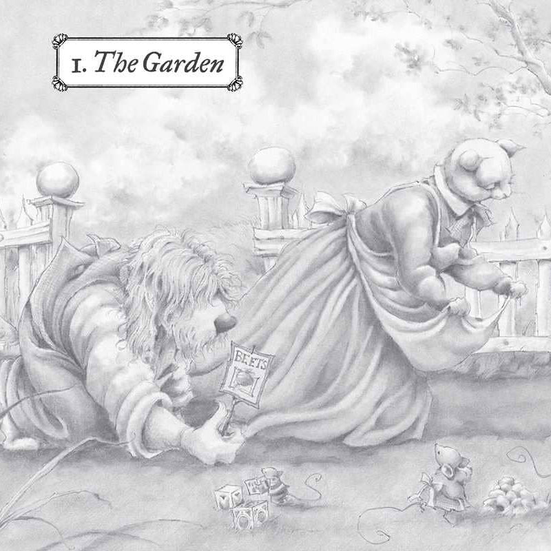 Illustration of a cat and a tiger in a garden with small figures around them.