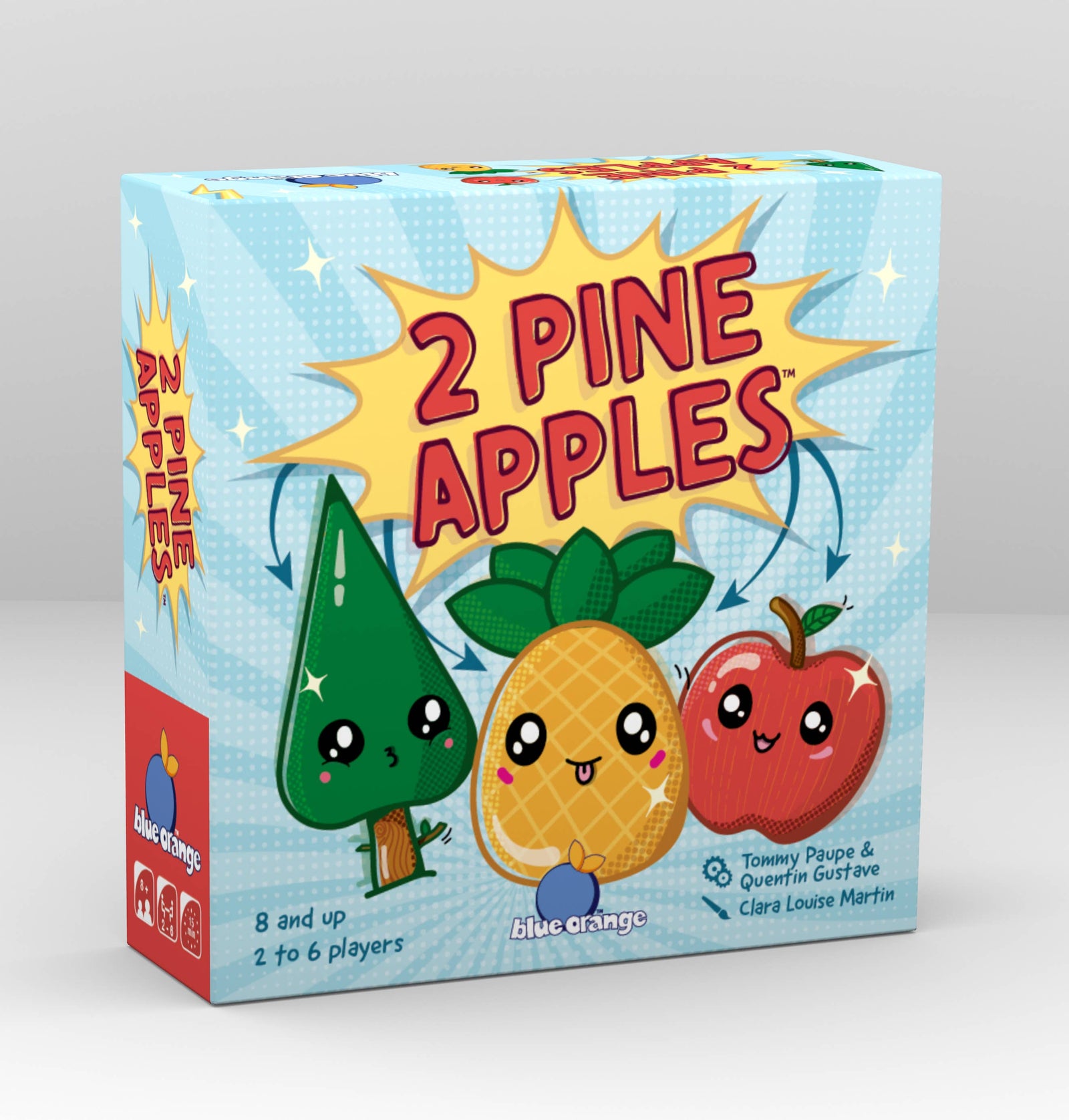 Board game box titled '2 Pine Apples' with cartoon characters on a light gray background