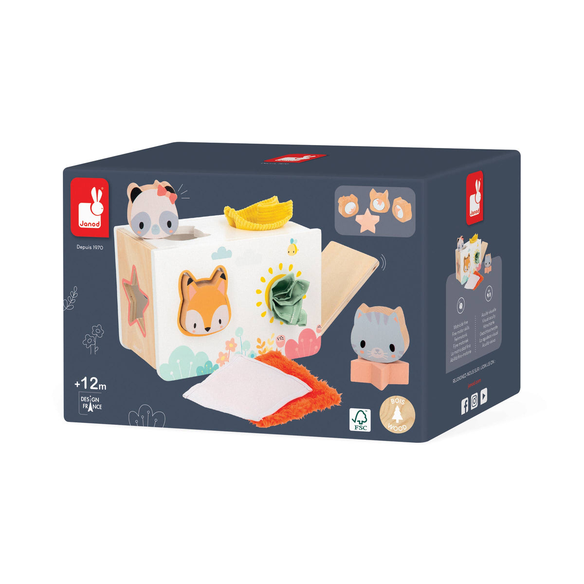 Boxed baby toy with animal illustrations on a white background