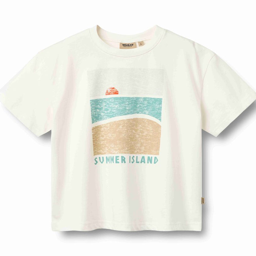 Beige t-shirt with a beach graphic and 'Summer Island' text on a white background