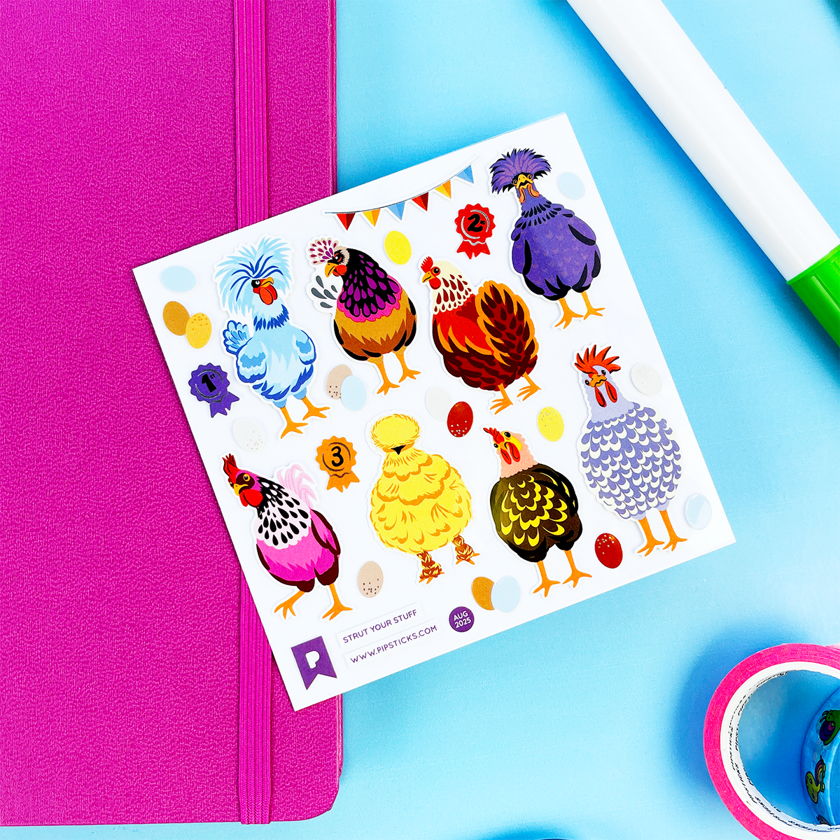 Sheet of colorful chicken stickers on a blue and pink background with a marker and container.
