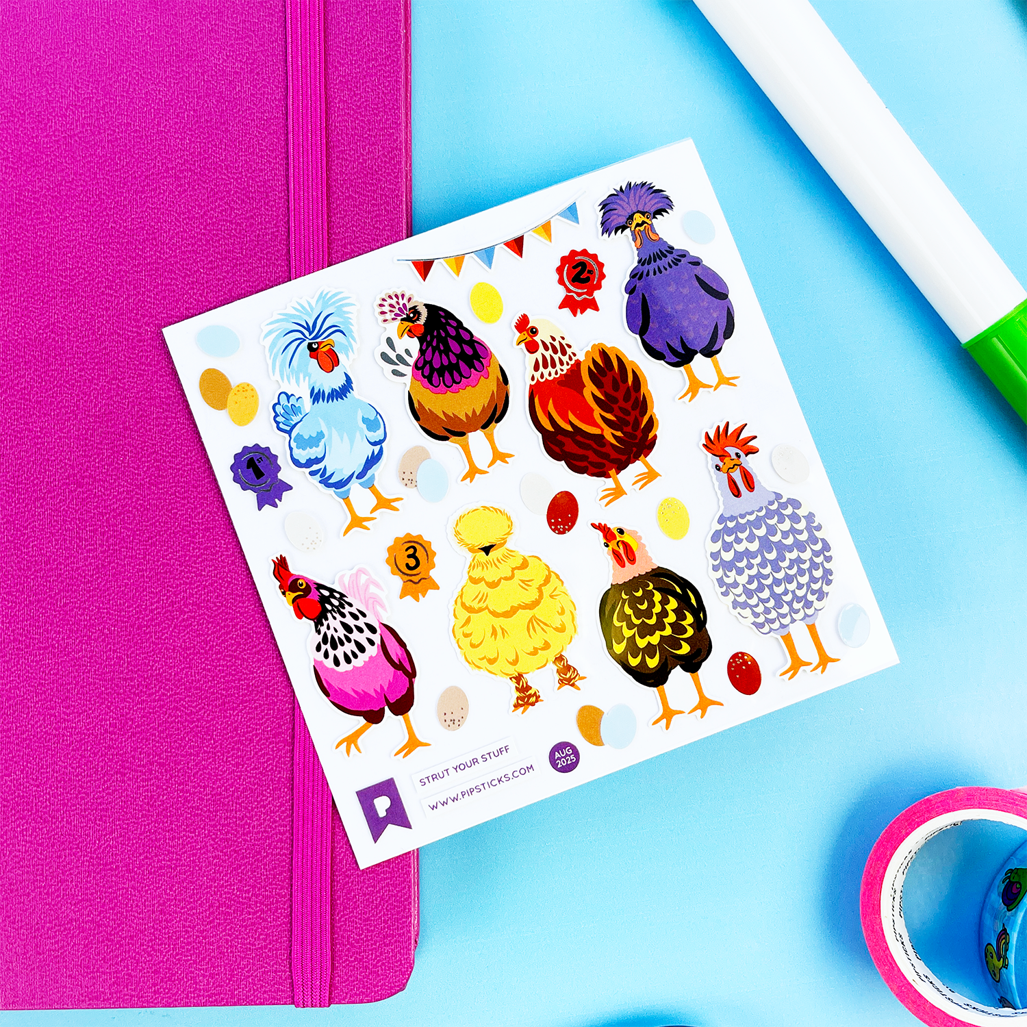 Packaging of Pipstickers with colorful chicken illustrations on a white background