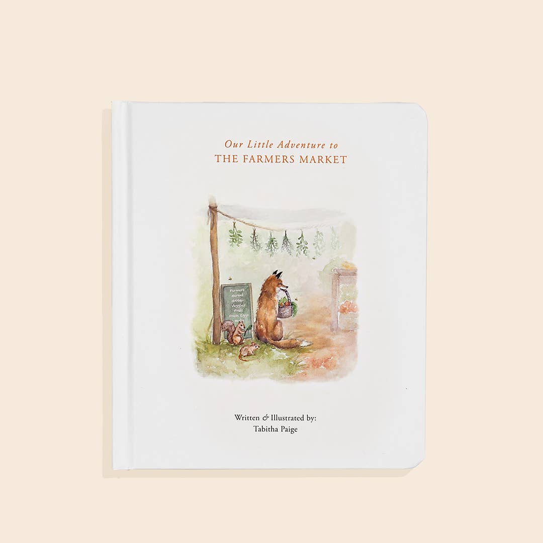 Book cover with illustration of a fox at a farmers market on a beige background