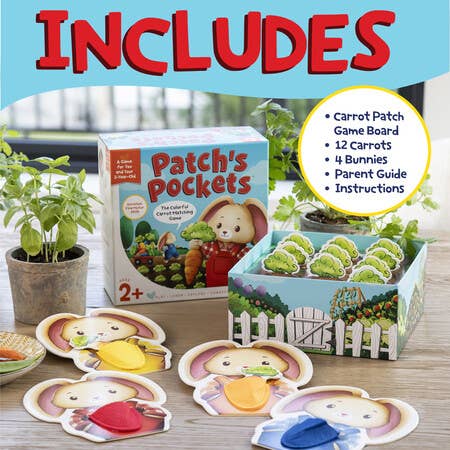 Box of 'Patch's Pockets' children's game featuring a bunny and carrots.