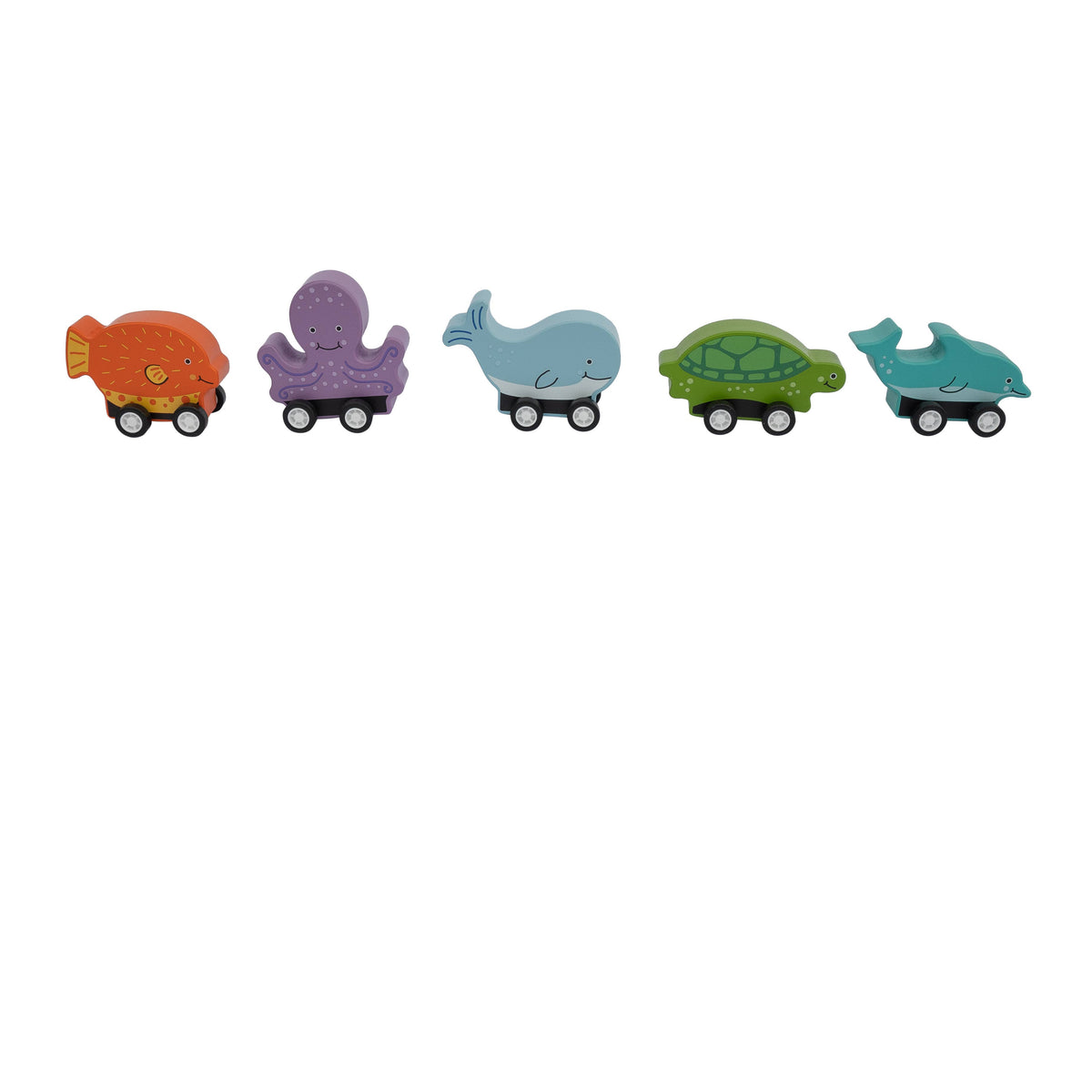 Set of five colorful toy animals on wheels arranged in a row on a white background.