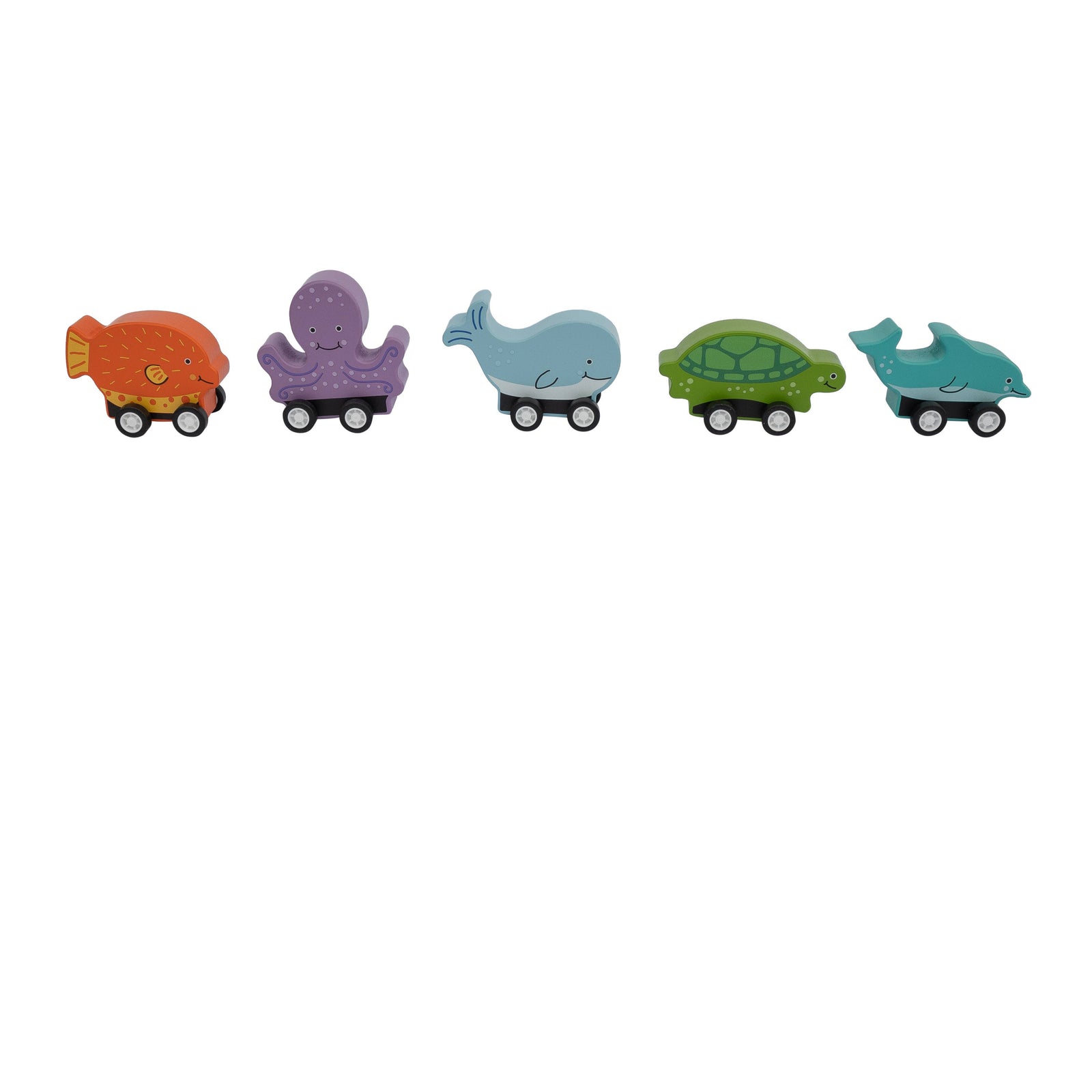 Set of five colorful toy animals on wheels arranged in a row on a white background.