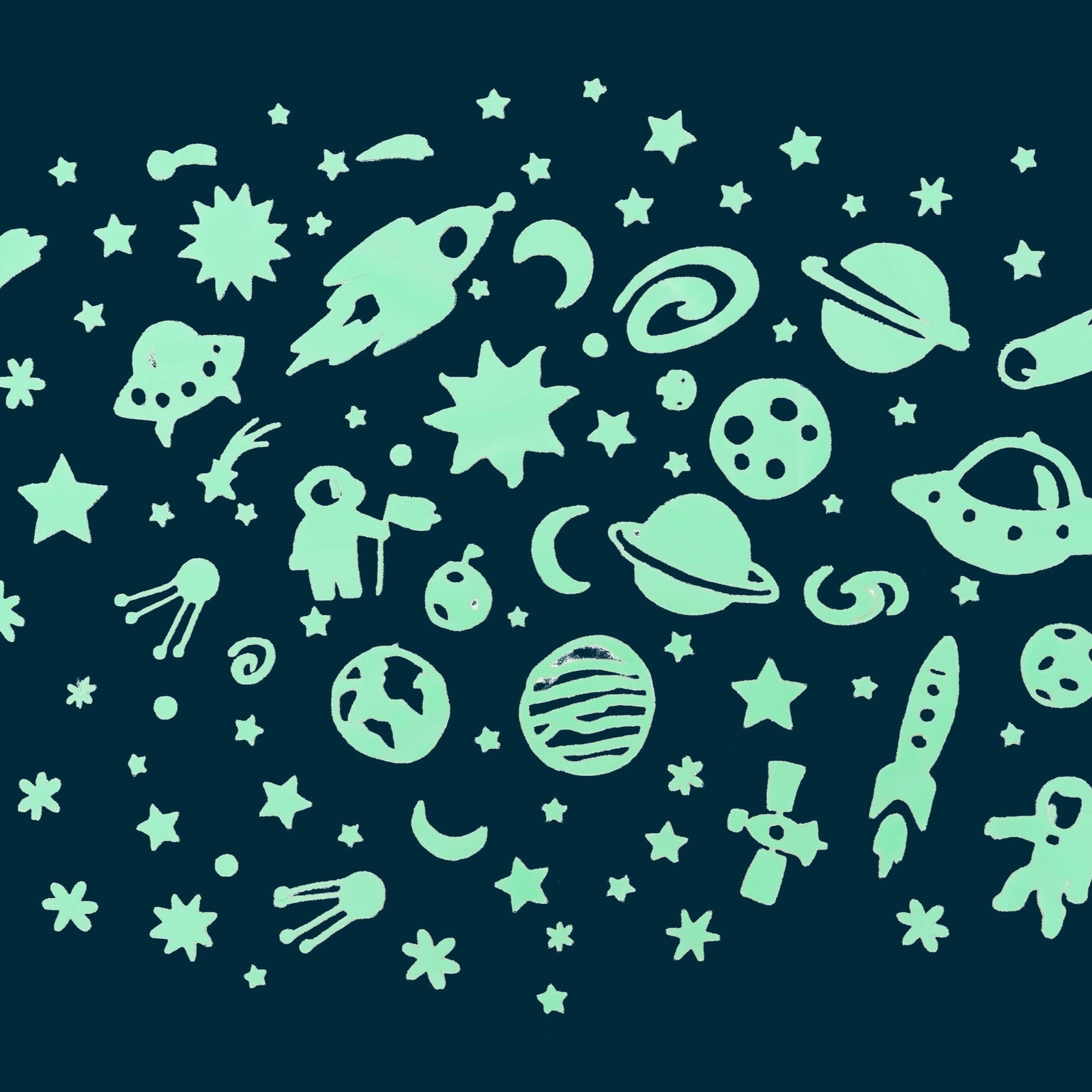 Glowing space-themed illustrations on a dark background