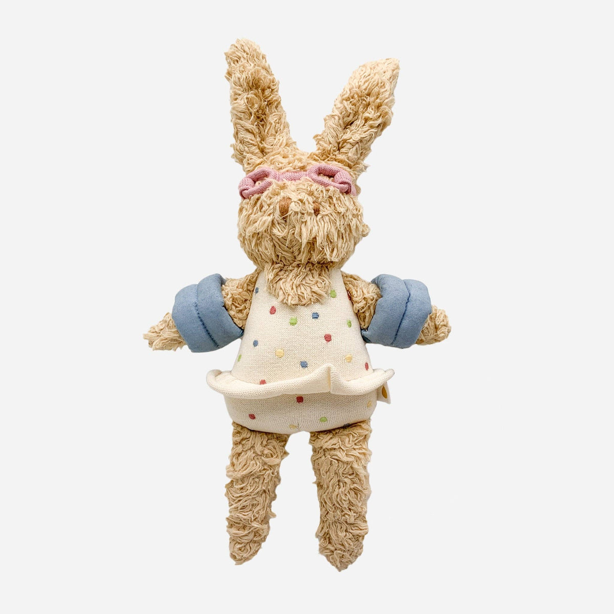 Plush toy rabbit with a swim suit on a white background