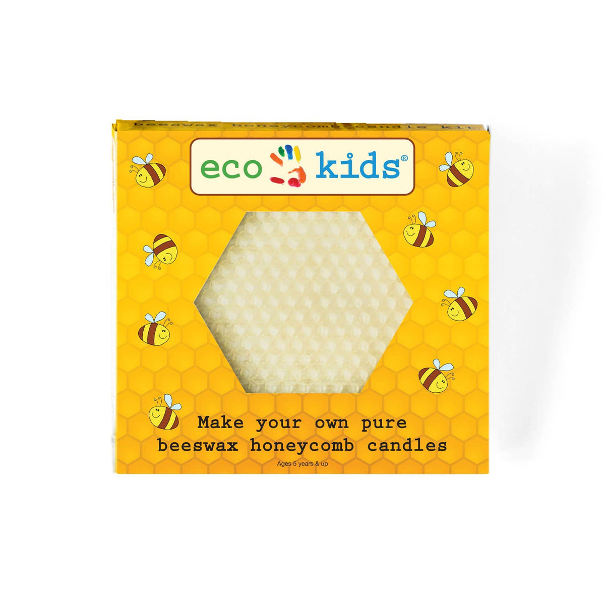Box of eco kids beeswax honeycomb candles with a yellow background and bee illustrations.