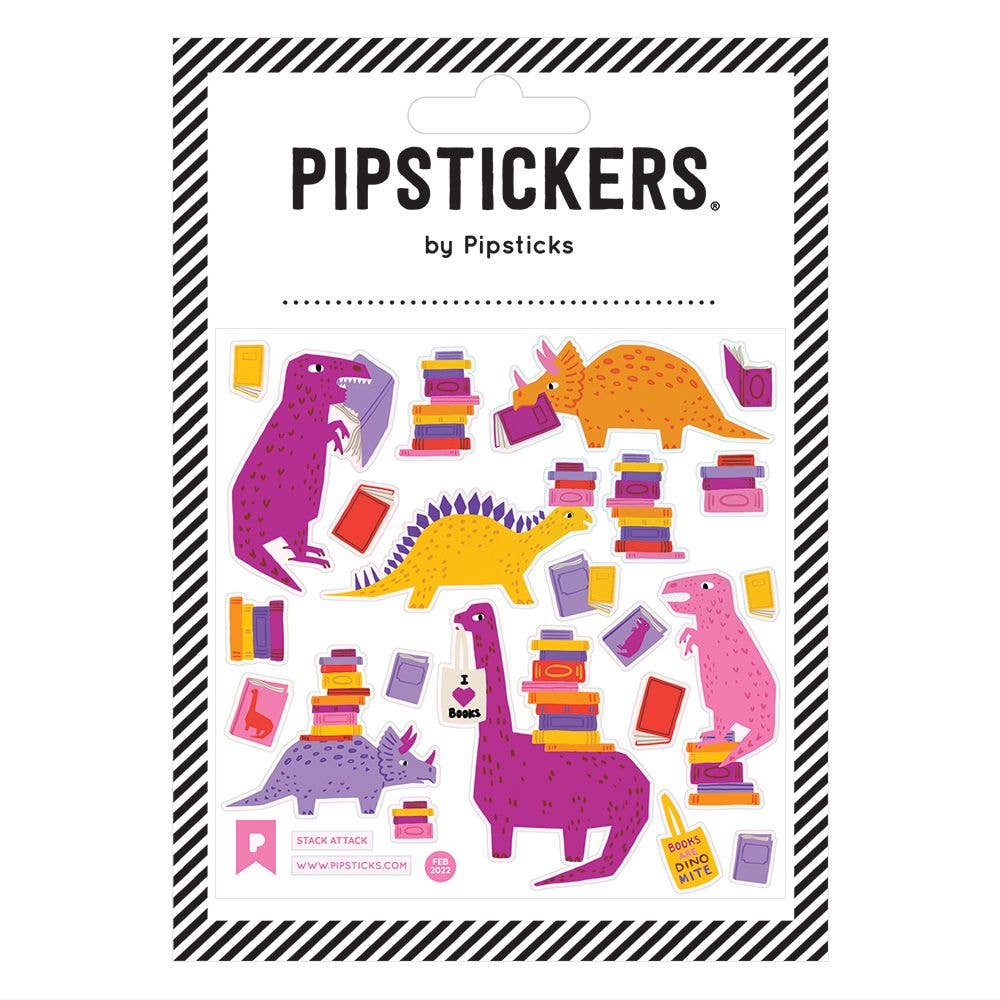 Packaging of Pipstickers with dinosaur and book illustrations on a white background