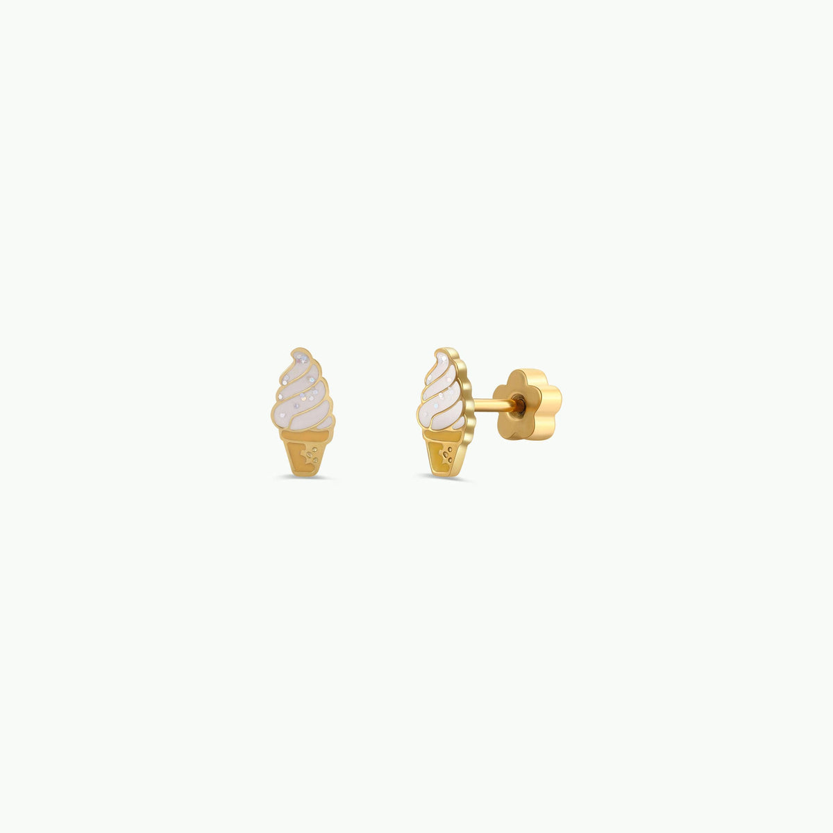 Gold ice cream cone earrings on a white background