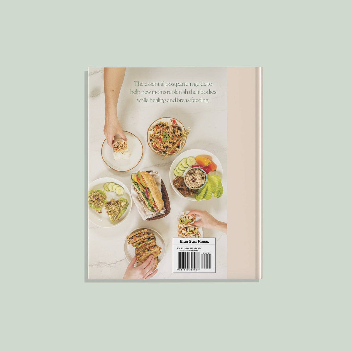 Book cover with images of food and text on a light green background