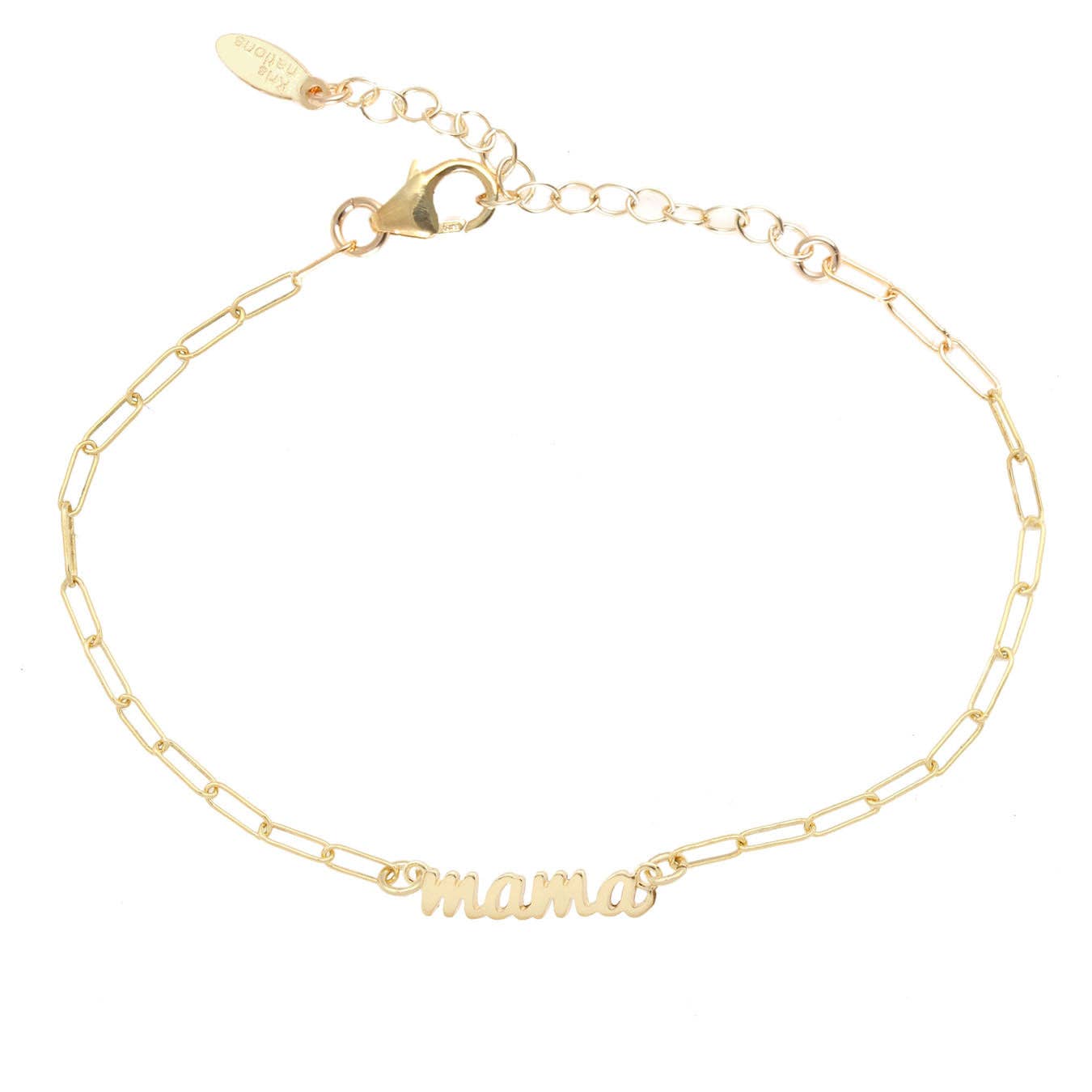 Gold bracelet with 'mama' engraving on a light gray background