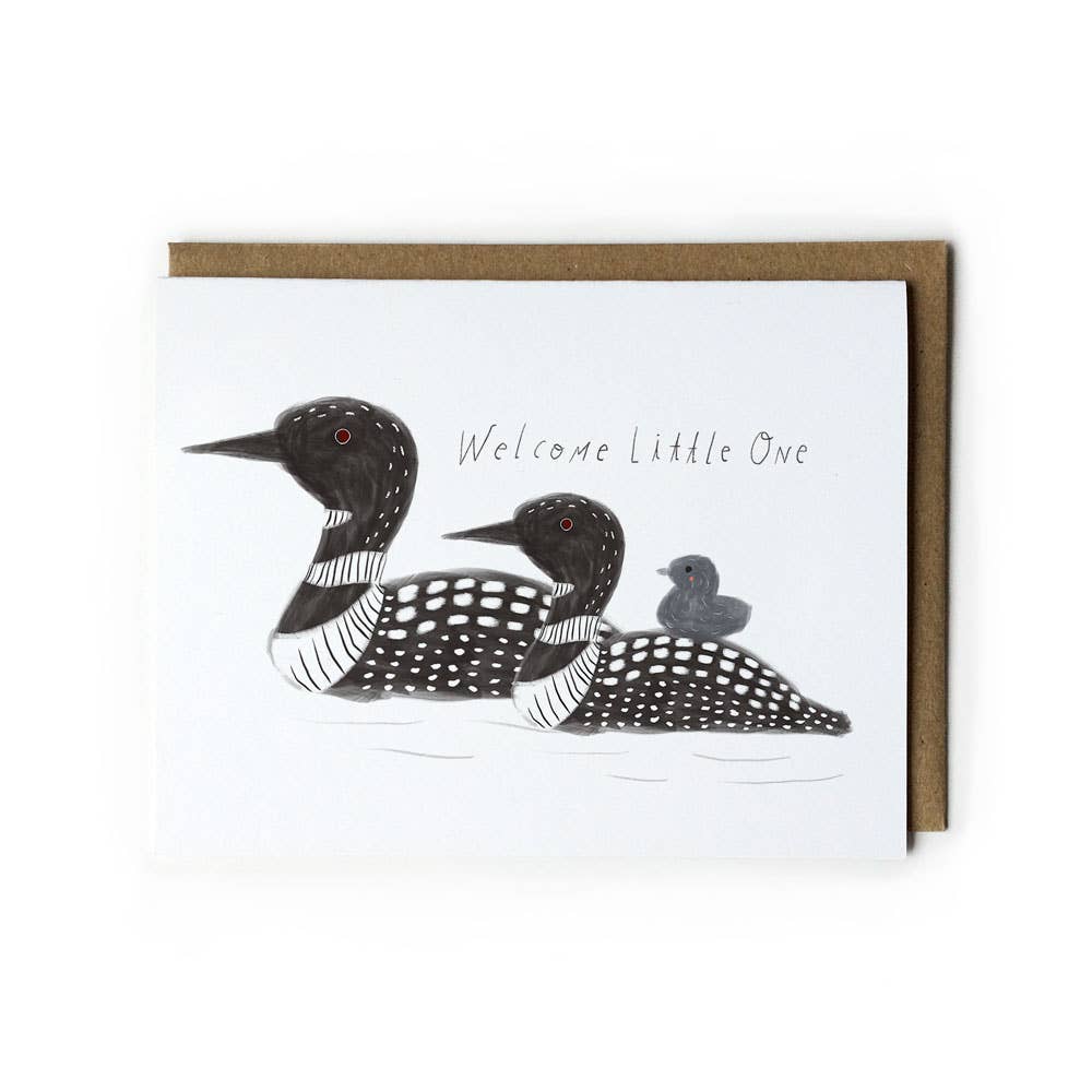 Greeting card with illustrations of loons and text 'Welcome little one' on a white background.