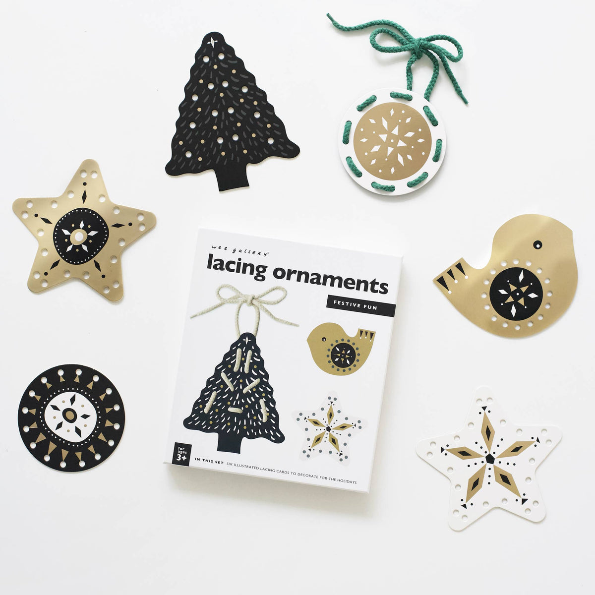 Lacing ornaments with packaging on a white background