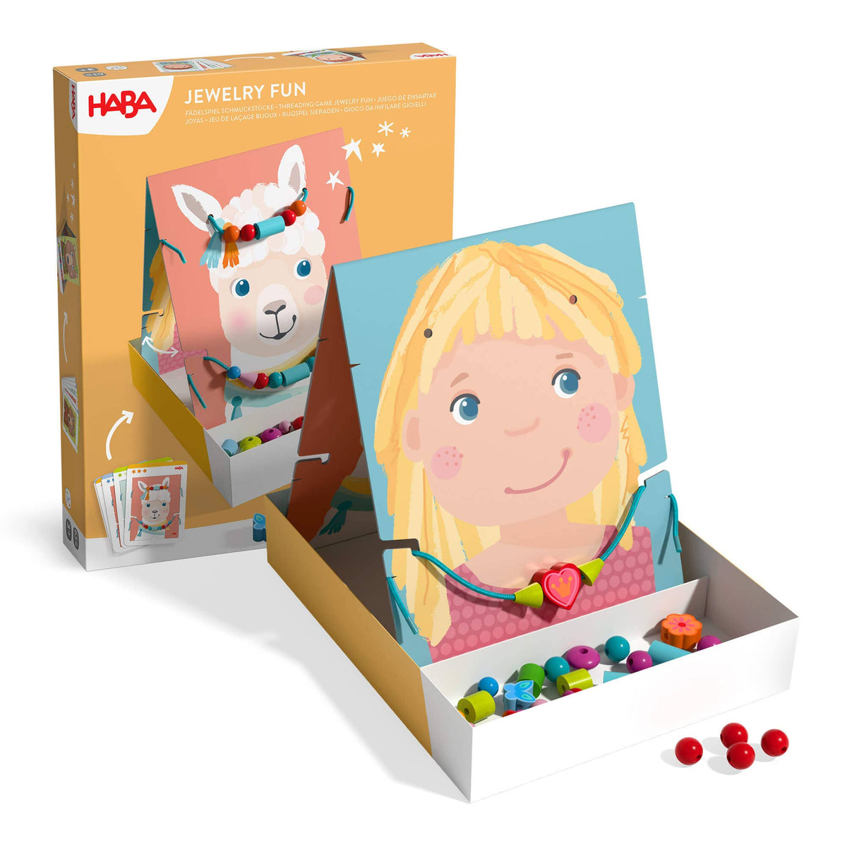 HABA jewelry fun toy set with packaging featuring a llama and a child's face.