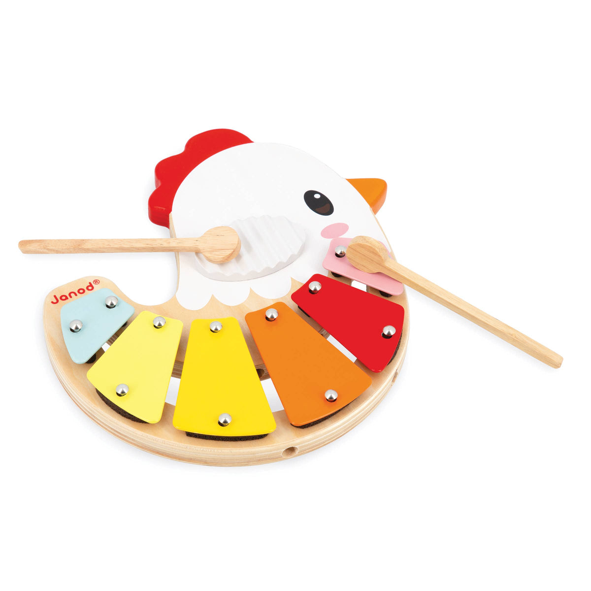 Wooden toy xylophone shaped like a rooster with two mallets on a white background