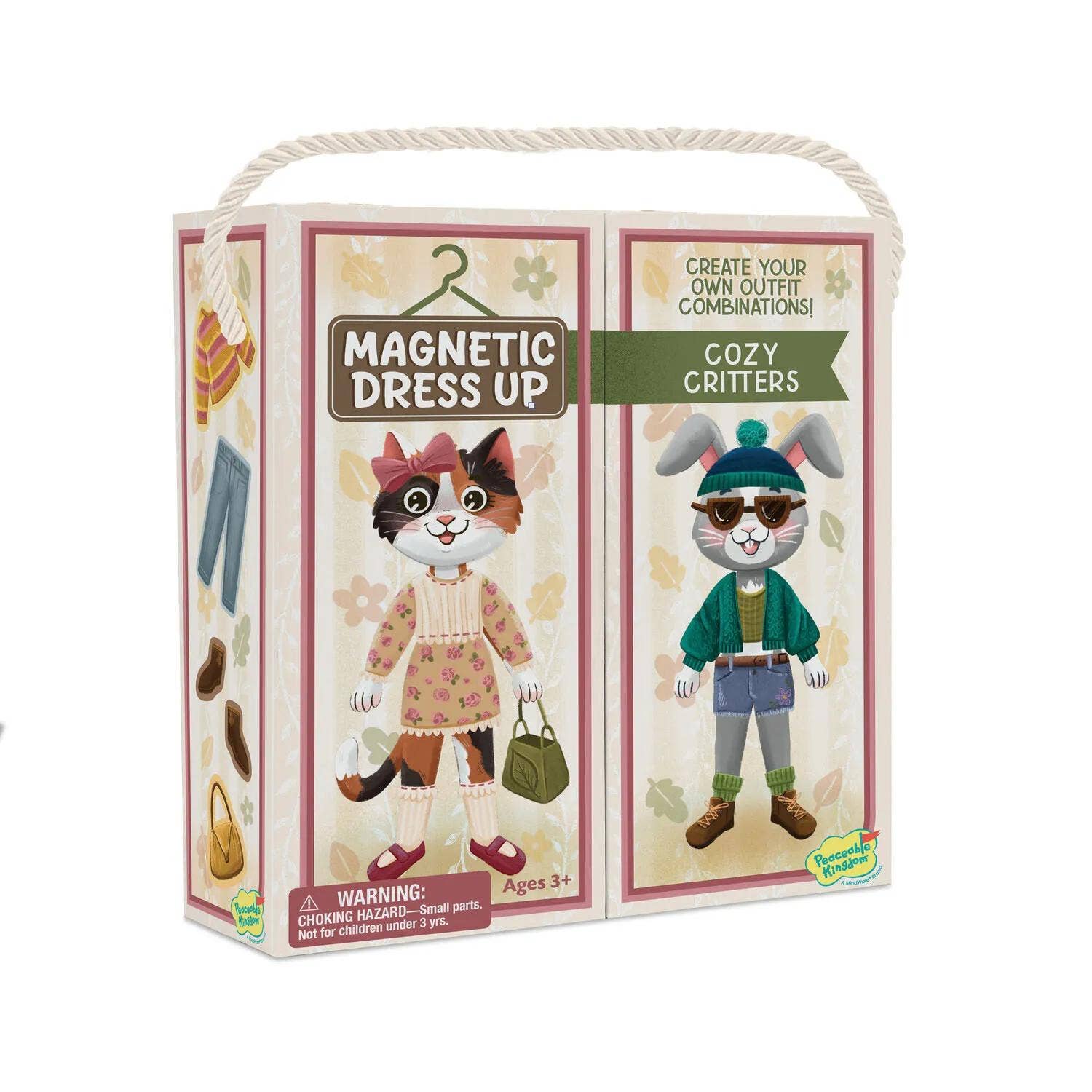 Magnetic Dress Up Cozy Critters toy set in its original retail packaging, featuring a cat and a rabbit dressed in cute outfits on the front of the box.